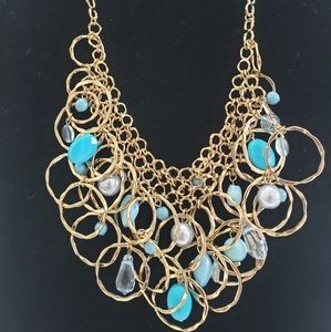 Blue Beaded & Pearl Circles Necklace